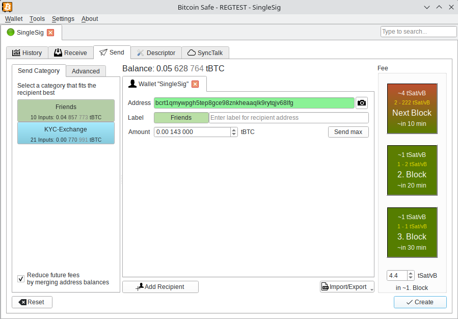 Screenshot Bitcoin Safe create transaction tab